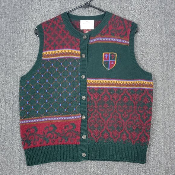Vintage Susan Bristol Sweater Vest Womens L Green Red Fair Isle Pure Wool 1989 - Picture 1 of 11